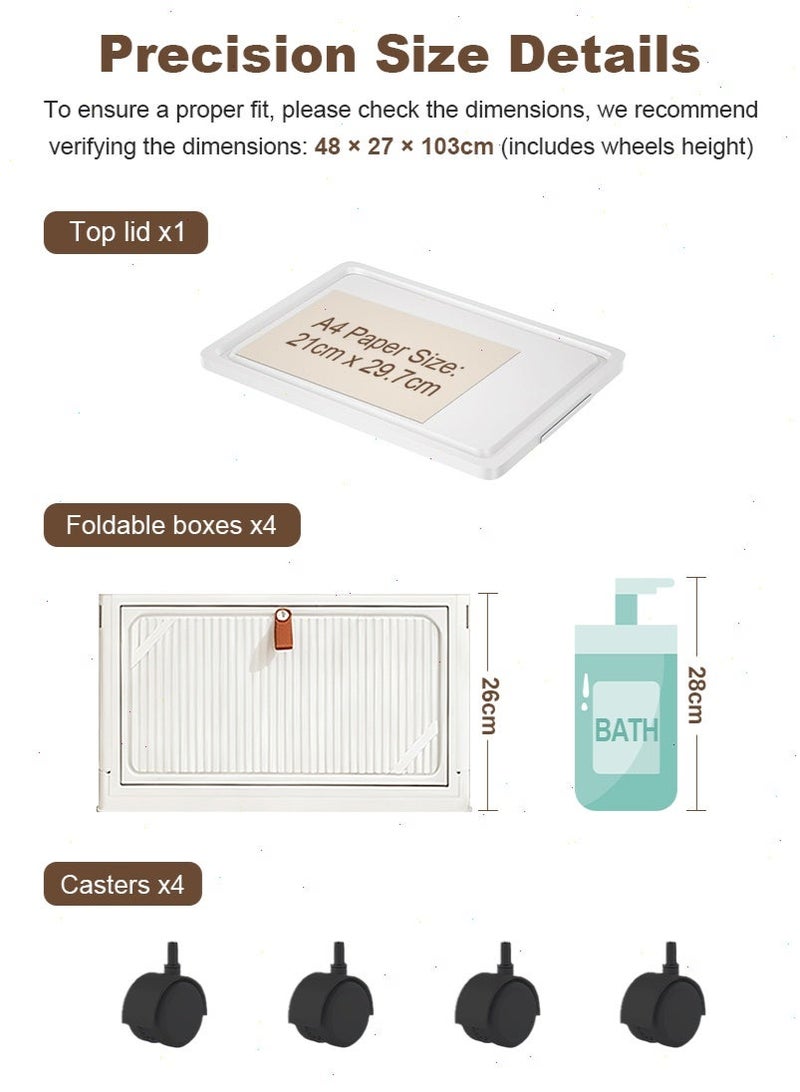 ميرتينج دولاب تخزين بلاستيكي، خزانة تخزين بأربعة رفوف مع أغطية، حاويات تخزين قابلة للتكديس بأبواب مغناطيسية وعجلات، قابلة للطي للاستخدام في المنزل وغرفة المعيشة والمكتب والخزانة، صناديق قابلة للفصل مكونة من 4 طبقات. - Image 4